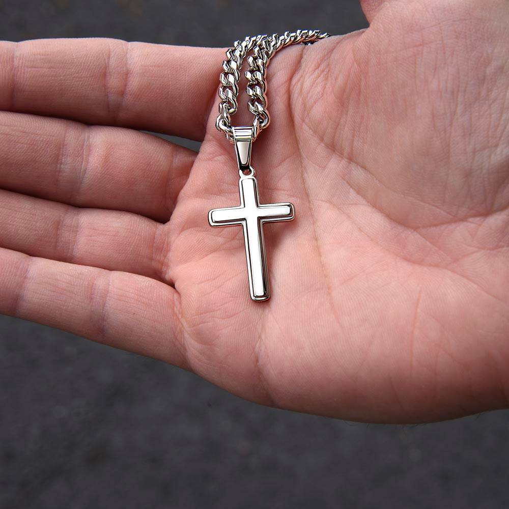 Father's Day Combo Gift, Cuban Chain, Personalized Cross, Message Card and Wooden, Light Up Gift Box