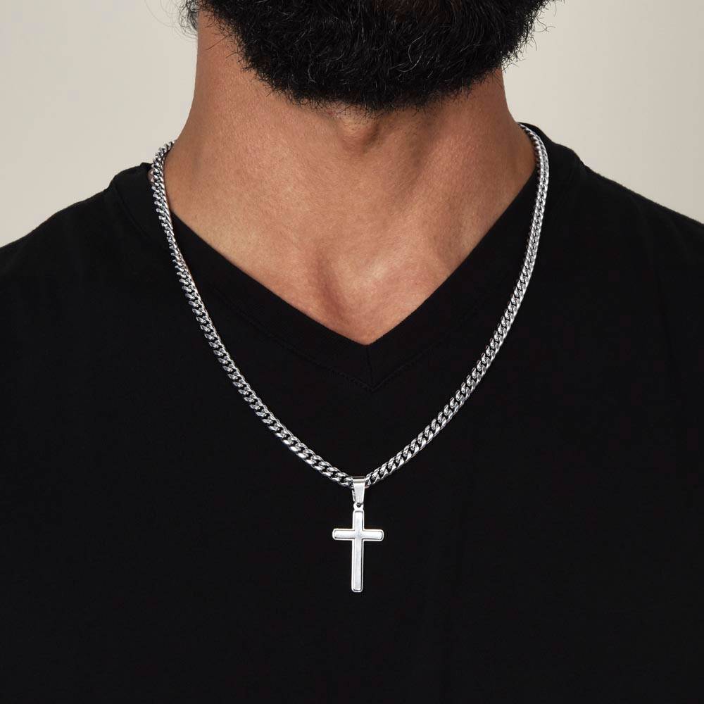 Father's Day Combo Gift, Cuban Chain, Personalized Cross, Message Card and Wooden, Light Up Gift Box