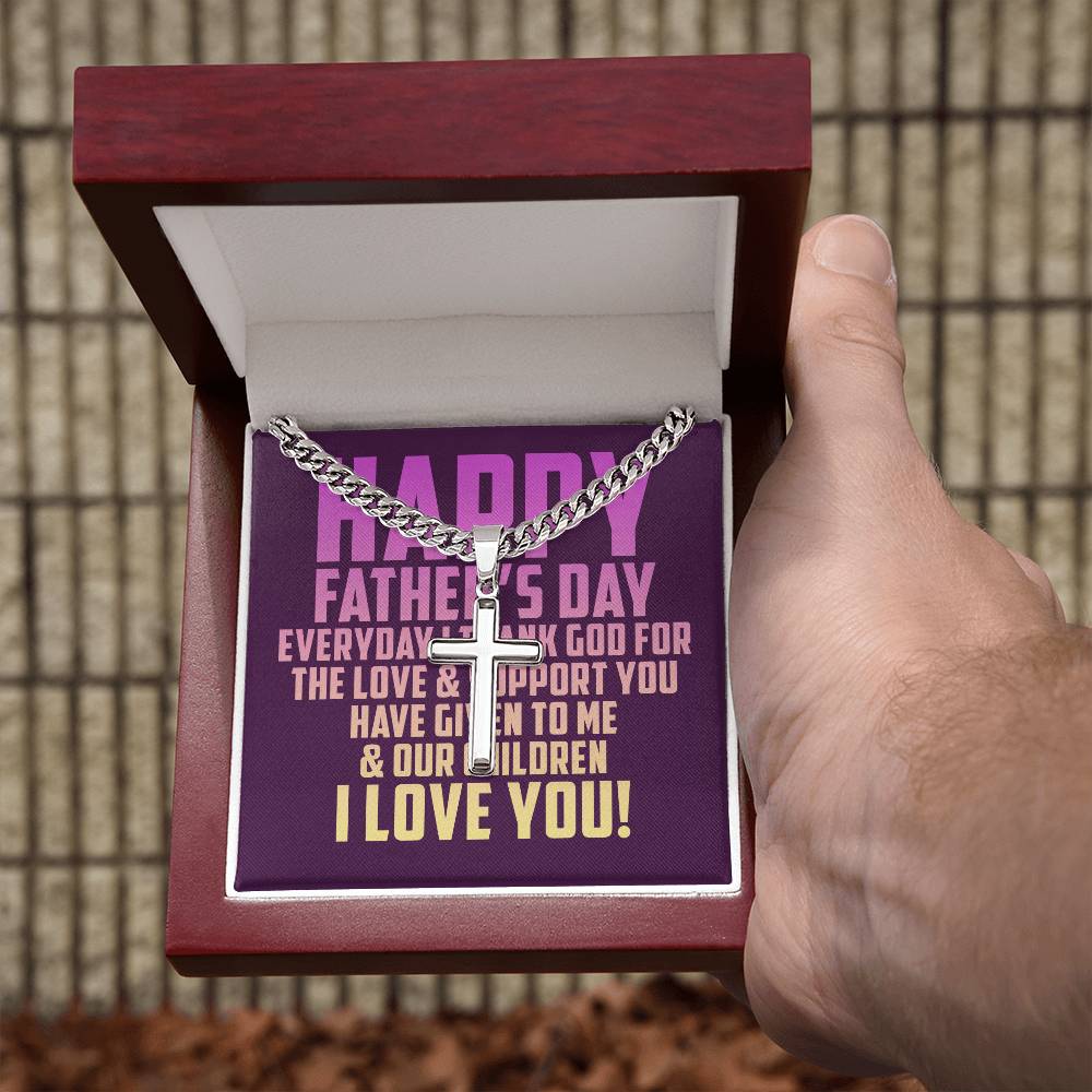 Father's Day Combo Gift, Cuban Chain, Personalized Cross, Message Card and Wooden, Light Up Gift Box