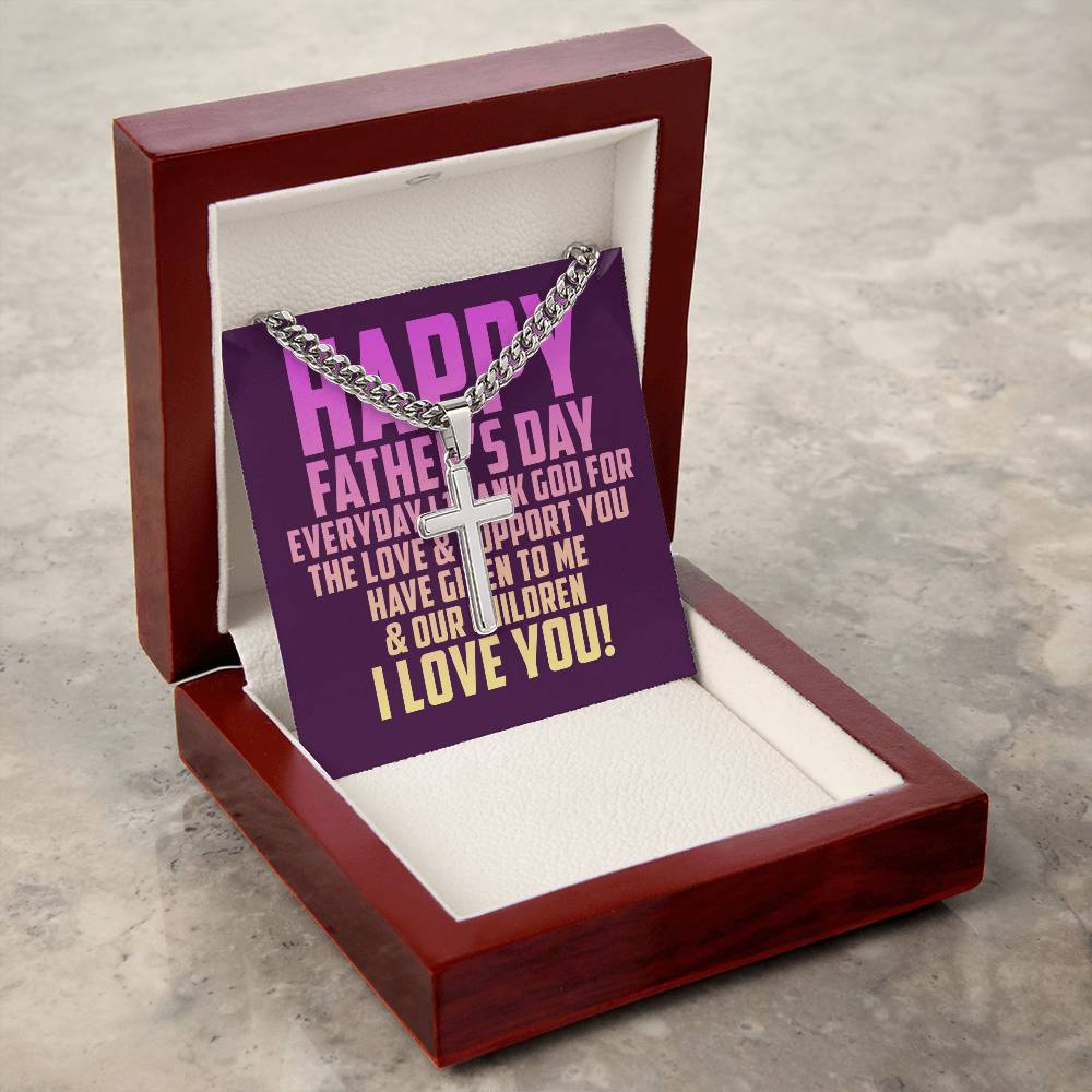 Father's Day Combo Gift, Cuban Chain, Personalized Cross, Message Card and Wooden, Light Up Gift Box
