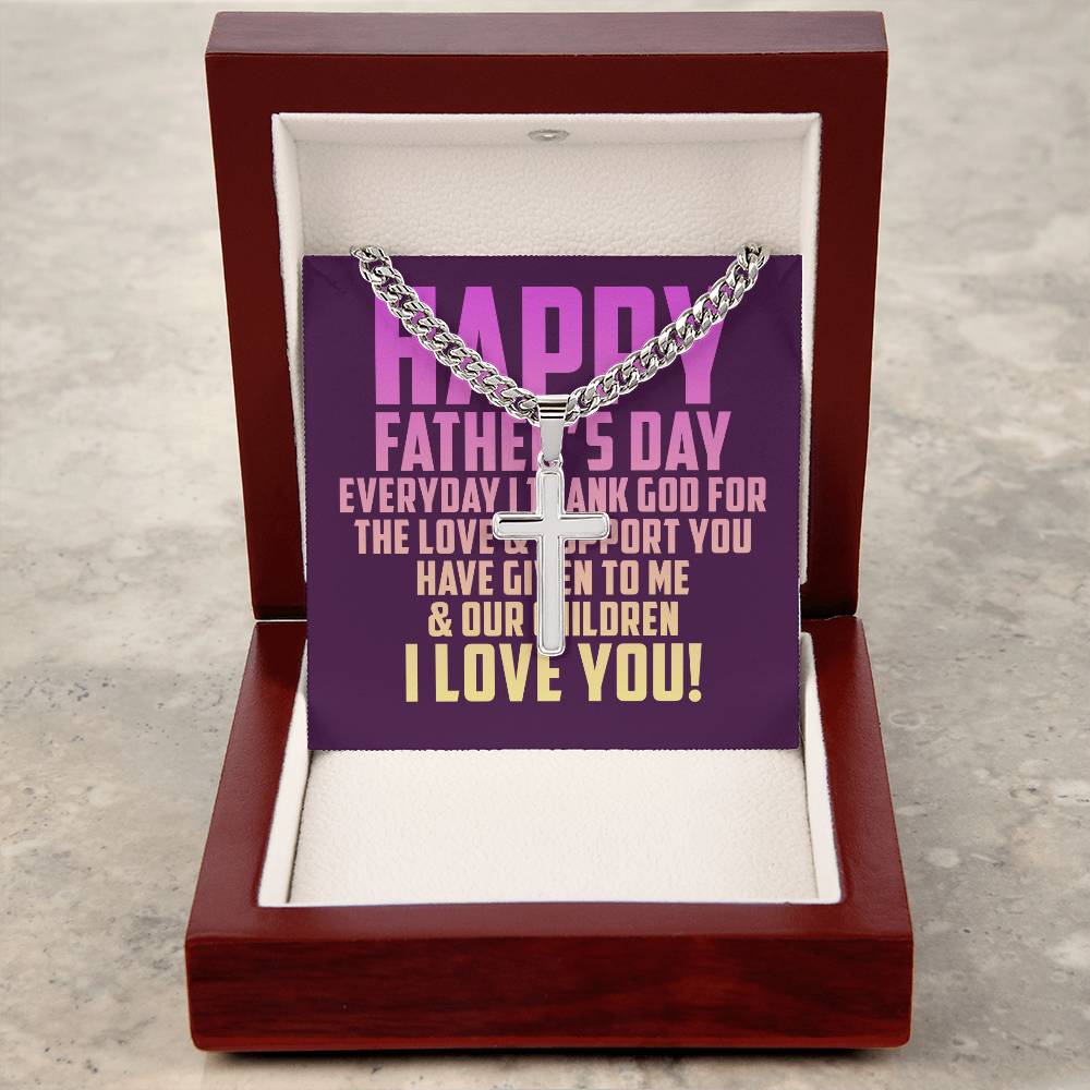 Father's Day Combo Gift, Cuban Chain, Personalized Cross, Message Card and Wooden, Light Up Gift Box
