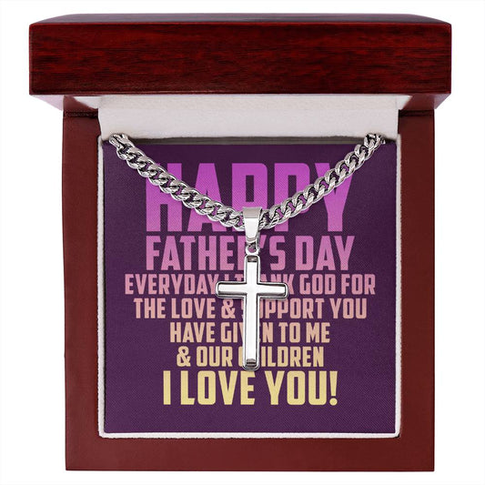 Father's Day Combo Gift, Cuban Chain, Personalized Cross, Message Card and Wooden, Light Up Gift Box