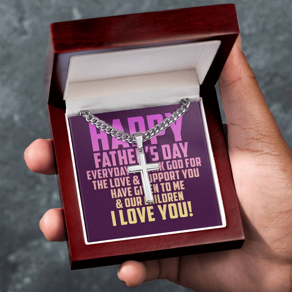 Father's Day Combo Gift, Cuban Chain, Personalized Cross, Message Card and Wooden, Light Up Gift Box