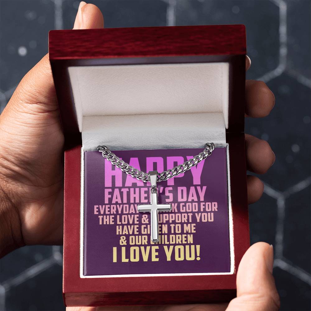 Father's Day Combo Gift, Cuban Chain, Personalized Cross, Message Card and Wooden, Light Up Gift Box