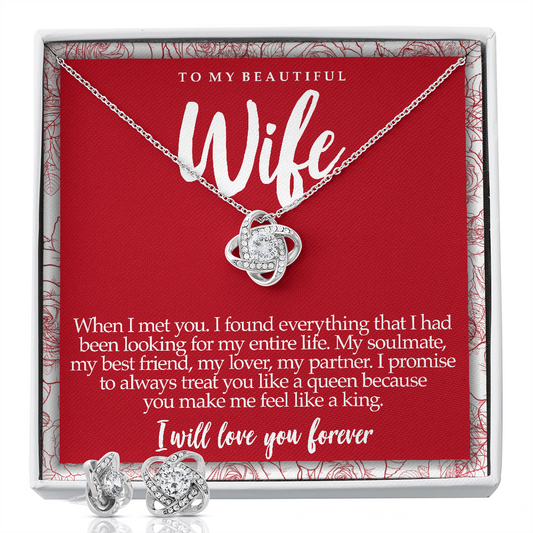 Love Knot Necklace with matching earrings and message card for wife
